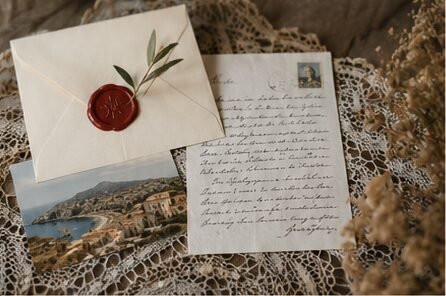 snail mail on a tablecloth, the letter and a wax-sealed envelope.
