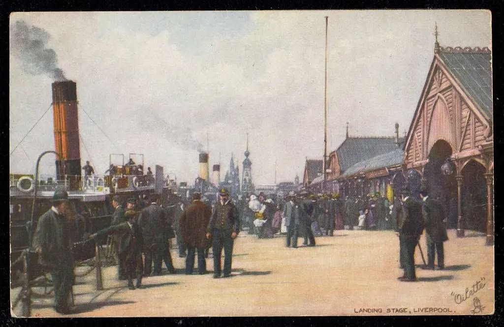 Steamships 1900s at the landing station in Liverpool, UK for Susan's Sicily Letter 1