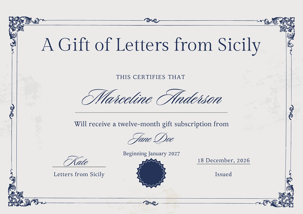 An example of a certificate provided by Letters from Sicily when a letter gift subscription is purchased.