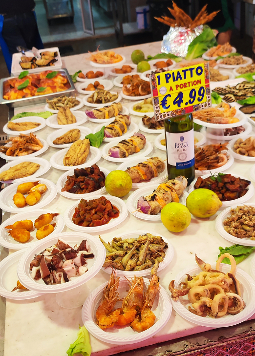 Small plates of Sicilian food found at the Capo market, Palermo.